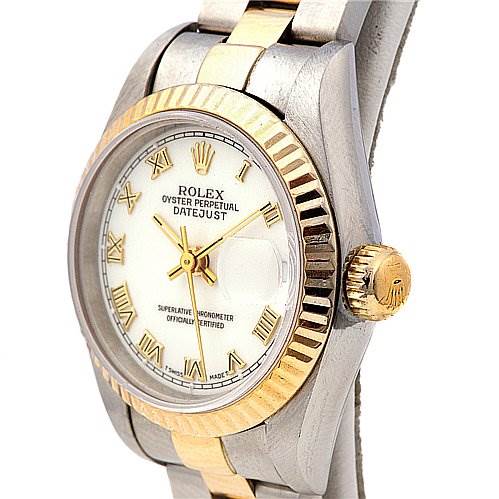 This image shows a close-up angle of the Rolex Datejust 69173 Women's Stainless Steel White Dial 69173 Women's Stainless Steel White Dial watch, highlighting the face, bezel, crown, and part of the bracelet.