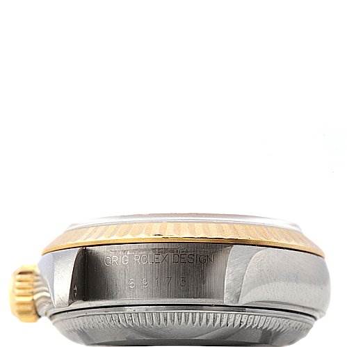 This image shows a side view of the watch case and crown of the Rolex Datejust 69173 Women's Stainless Steel White Dial 69173 Women's Stainless Steel White Dial model, highlighting its engravings.