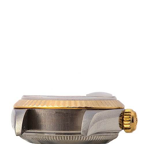 The image shows a side view of a Rolex Datejust 69173 Women's Stainless Steel White Dial 69173 Women's Stainless Steel White Dial watch, highlighting the crown, case, and fluted bezel.