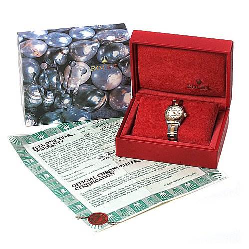 The image shows a Rolex Datejust 69173 Women's Stainless Steel White Dial 69173 Women's Stainless Steel White Dial watch in its case, along with its official chronometer certification and warranty papers.