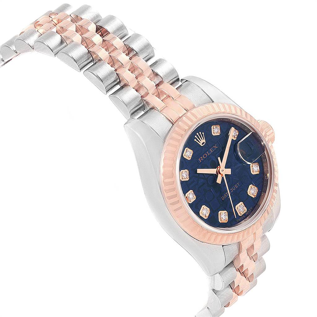 This image shows a side view of a Rolex Datejust 179171 Women
s Steel and Gold (two tone) Blue Dial 179171 Women
s Steel and Gold (two tone) Blue Dial watch emphasizing its two-tone bracelet and blue dial with diamond markers.