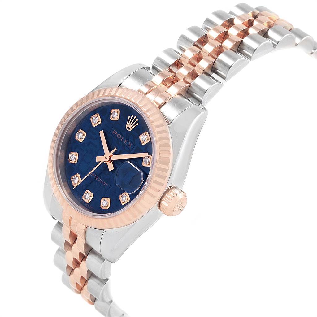 The image shows the Rolex Datejust 179171 Women
s Steel and Gold (two tone) Blue Dial 179171 Women
s Steel and Gold (two tone) Blue Dial watch angled from the top-right, highlighting the bezel, dial, crown, and bracelet.