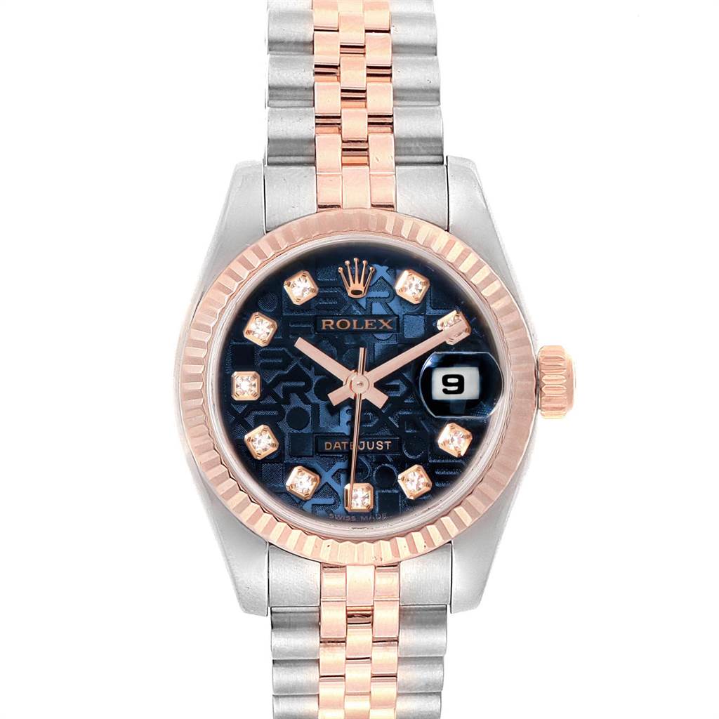 This image shows a Rolex Datejust 179171 Women
s Steel and Gold (two tone) Blue Dial 179171 Women
s Steel and Gold (two tone) Blue Dial watch from a straight-on angle, highlighting the face, bezel, crown, and part of the bracelet.