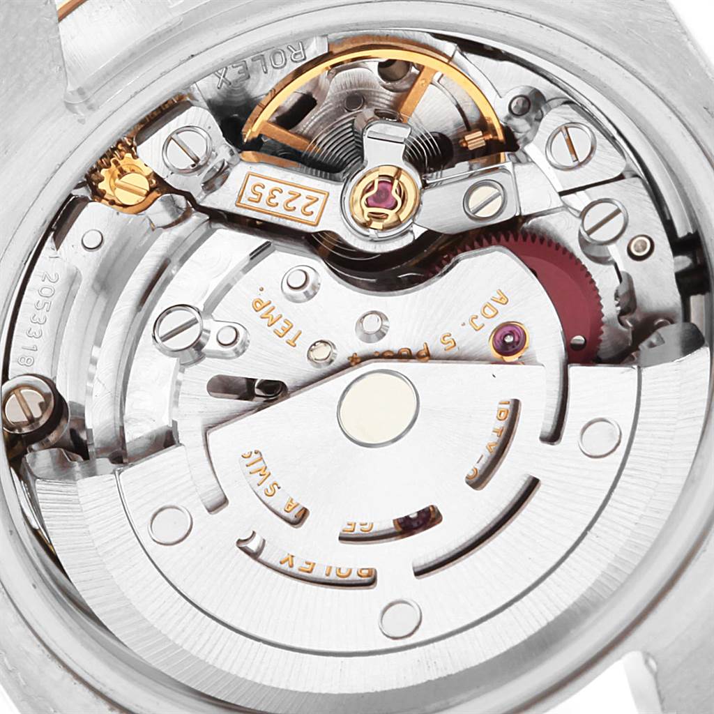 This image shows a close-up view of the movement mechanism of a Rolex Datejust 179171 Women
s Steel and Gold (two tone) Blue Dial 179171 Women
s Steel and Gold (two tone) Blue Dial watch.