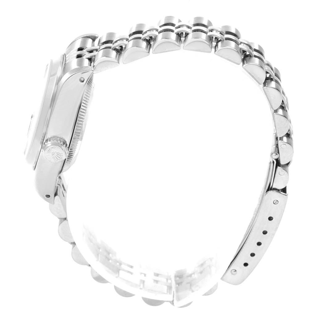 The image shows a side profile view of a Rolex Datejust 69160 Women's Stainless Steel Black Dial 69160 Women's Stainless Steel Black Dial watch, highlighting the bracelet and case.