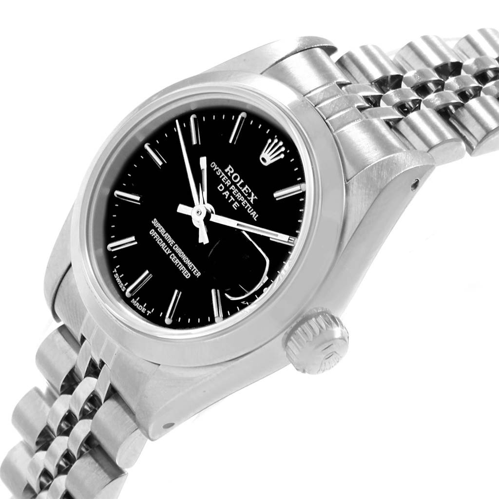 This image shows a Rolex Datejust 69160 Women's Stainless Steel Black Dial 69160 Women's Stainless Steel Black Dial watch at an angled close-up, highlighting the dial, crown, and part of the bracelet.