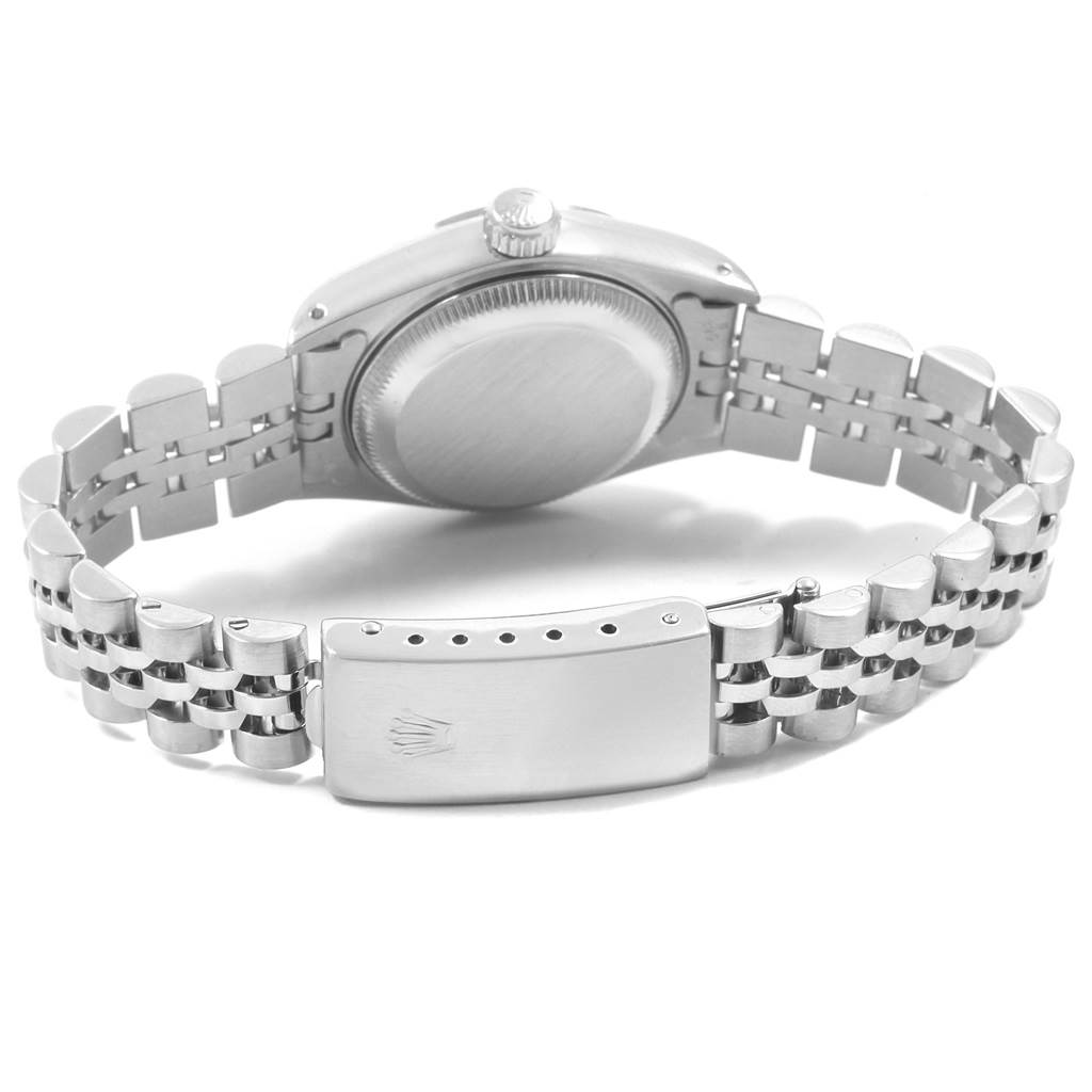 This image shows the back case and the metal bracelet clasp of a Rolex Datejust 69160 Women's Stainless Steel Black Dial 69160 Women's Stainless Steel Black Dial watch from a rear angle.