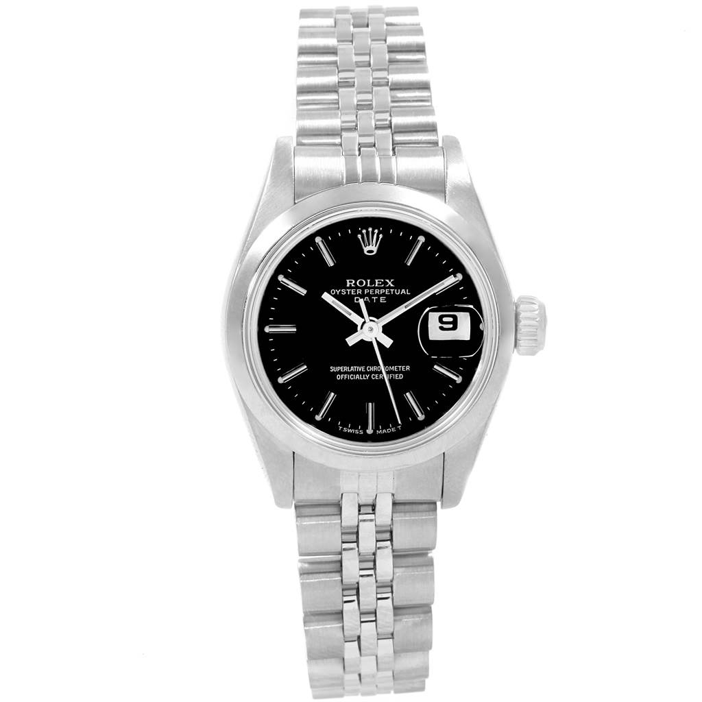 The image shows a front view of the Rolex Datejust 69160 Women's Stainless Steel Black Dial 69160 Women's Stainless Steel Black Dial watch, displaying the black dial, date window, and stainless steel bracelet.