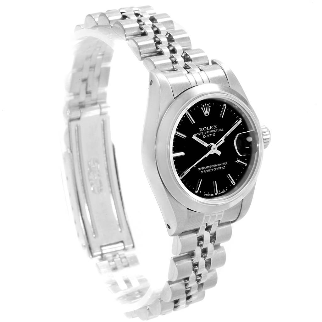 This image shows a Rolex Datejust 69160 Women's Stainless Steel Black Dial 69160 Women's Stainless Steel Black Dial watch at a slight angle displaying its face, bracelet, and partially open clasp.