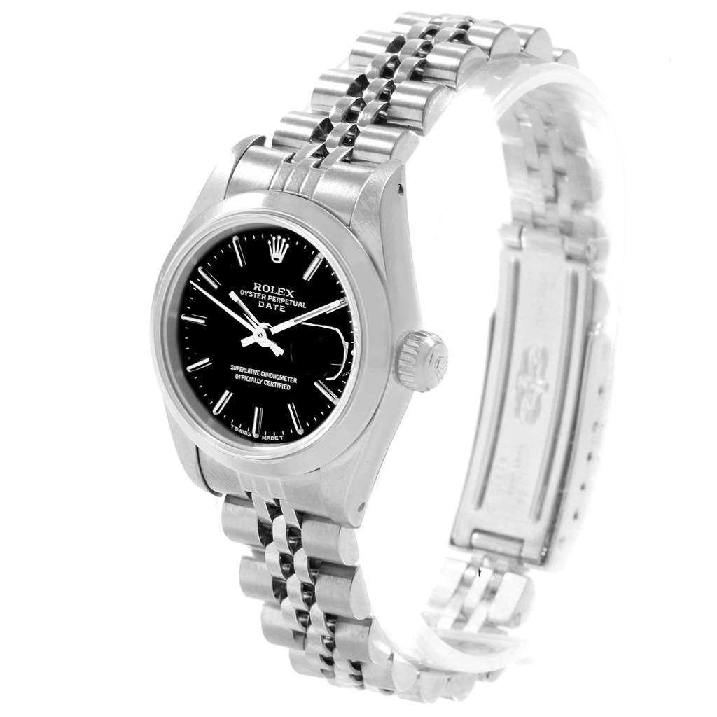 The image shows a Rolex Datejust 69160 Women's Stainless Steel Black Dial 69160 Women's Stainless Steel Black Dial watch at a three-quarter angle, displaying the watch face, crown, and part of the bracelet.