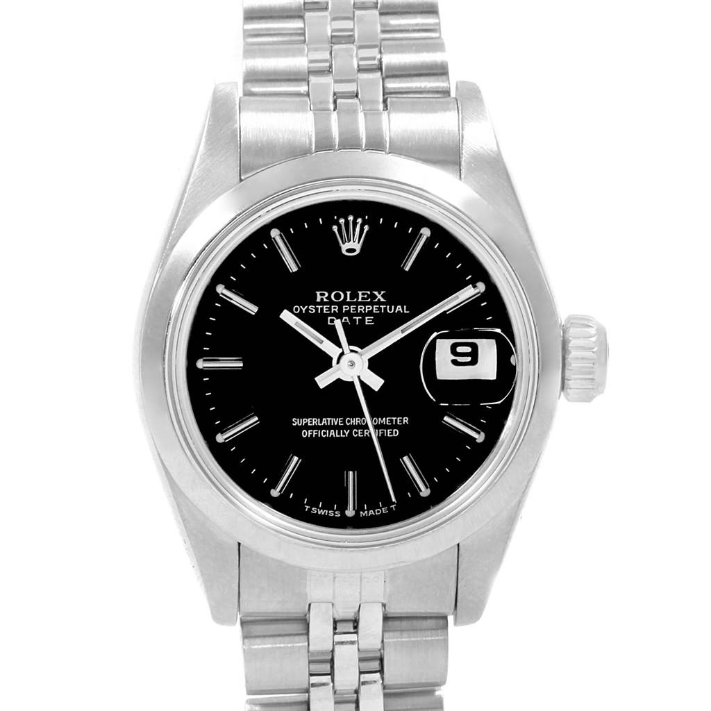 This Rolex Datejust 69160 Women's Stainless Steel Black Dial 69160 Women's Stainless Steel Black Dial watch is shown from a front angle displaying its black dial, date window, and metallic bracelet.
