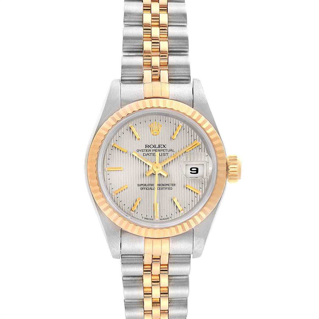 The image shows a front view of a Rolex Datejust 69173 Women's Stainless Steel Silver Dial 69173 Women's Stainless Steel Silver Dial watch, highlighting its dial, bezel, case, and bracelet.