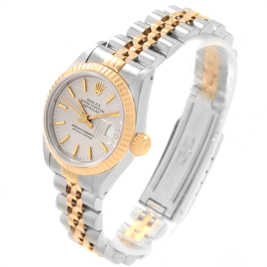 The image shows a two-tone Rolex Datejust 69173 Women's Stainless Steel Silver Dial 69173 Women's Stainless Steel Silver Dial watch angled slightly from the front, highlighting the dial, bezel, crown, and bracelet.