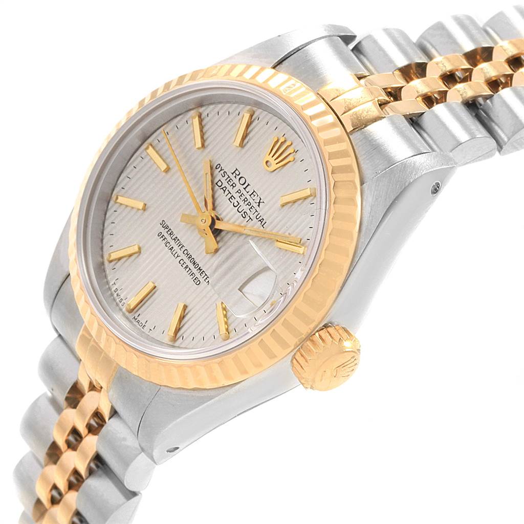 The image shows a close-up angle of the Rolex Datejust 69173 Women's Stainless Steel Silver Dial 69173 Women's Stainless Steel Silver Dial watch, highlighting the face, bezel, crown, and part of the bracelet.