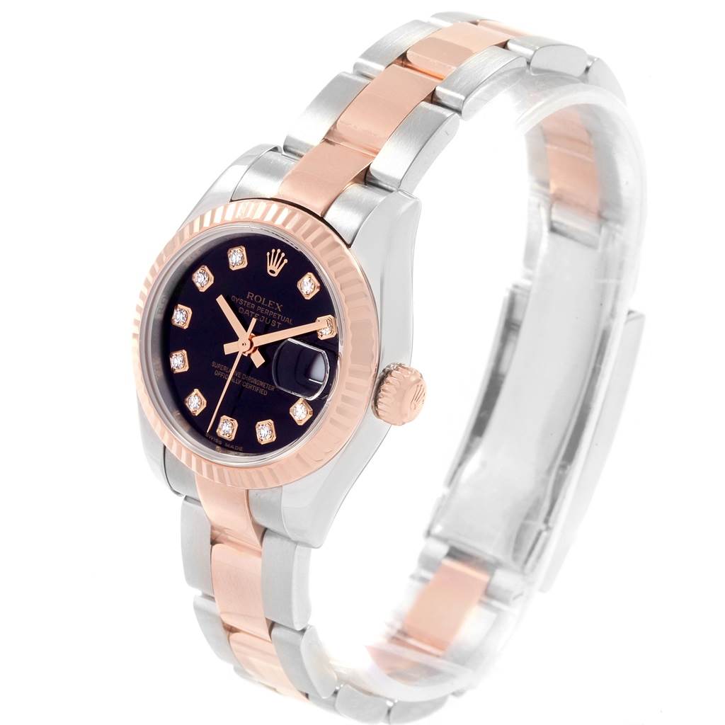 This image shows a Rolex Datejust 179171 Women's Steel and Gold (two tone) Black Dial 179171 Women's Steel and Gold (two tone) Black Dial watch with a two-tone rose gold and stainless steel band, viewed from a front angle.
