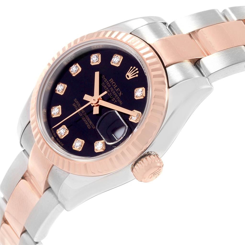 This image shows a close-up, angled view of the Rolex Datejust 179171 Women's Steel and Gold (two tone) Black Dial 179171 Women's Steel and Gold (two tone) Black Dial watch, highlighting the dial, bezel, crown, and part of the bracelet.