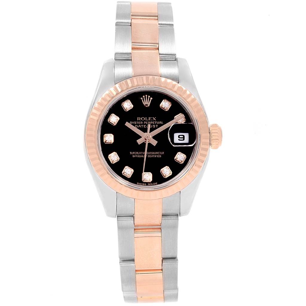 This is a front view of a Rolex Datejust 179171 Women's Steel and Gold (two tone) Black Dial 179171 Women's Steel and Gold (two tone) Black Dial watch, showcasing its dial, bezel, and two-tone bracelet.