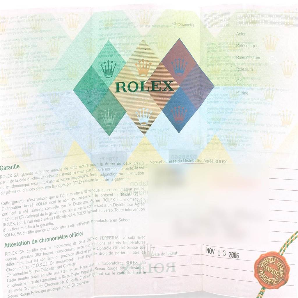 This image shows the warranty card for the Rolex Datejust 179171 Women's Steel and Gold (two tone) Black Dial 179171 Women's Steel and Gold (two tone) Black Dial model, displaying text, logos, and purchase details.