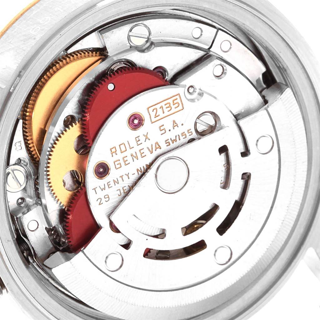 This image shows the inner mechanism and movement parts of a Rolex Datejust 69173 Women
s Stainless Steel Champagne Dial 69173 Women
s Stainless Steel Champagne Dial watch at a close-up angle.