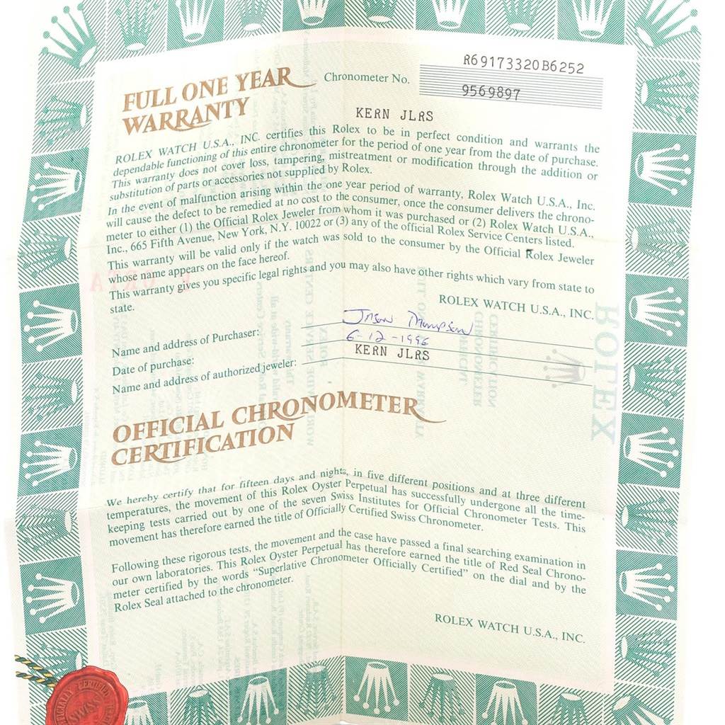 This image shows a full one-year warranty and official chronometer certification document for a Rolex Datejust 69173 Women
s Stainless Steel Champagne Dial 69173 Women
s Stainless Steel Champagne Dial watch.