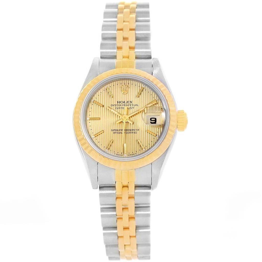 This image shows a Rolex Datejust 69173 Women
s Stainless Steel Champagne Dial 69173 Women
s Stainless Steel Champagne Dial watch featuring a gold dial, two-tone bezel, and two-tone bracelet, viewed from the front.