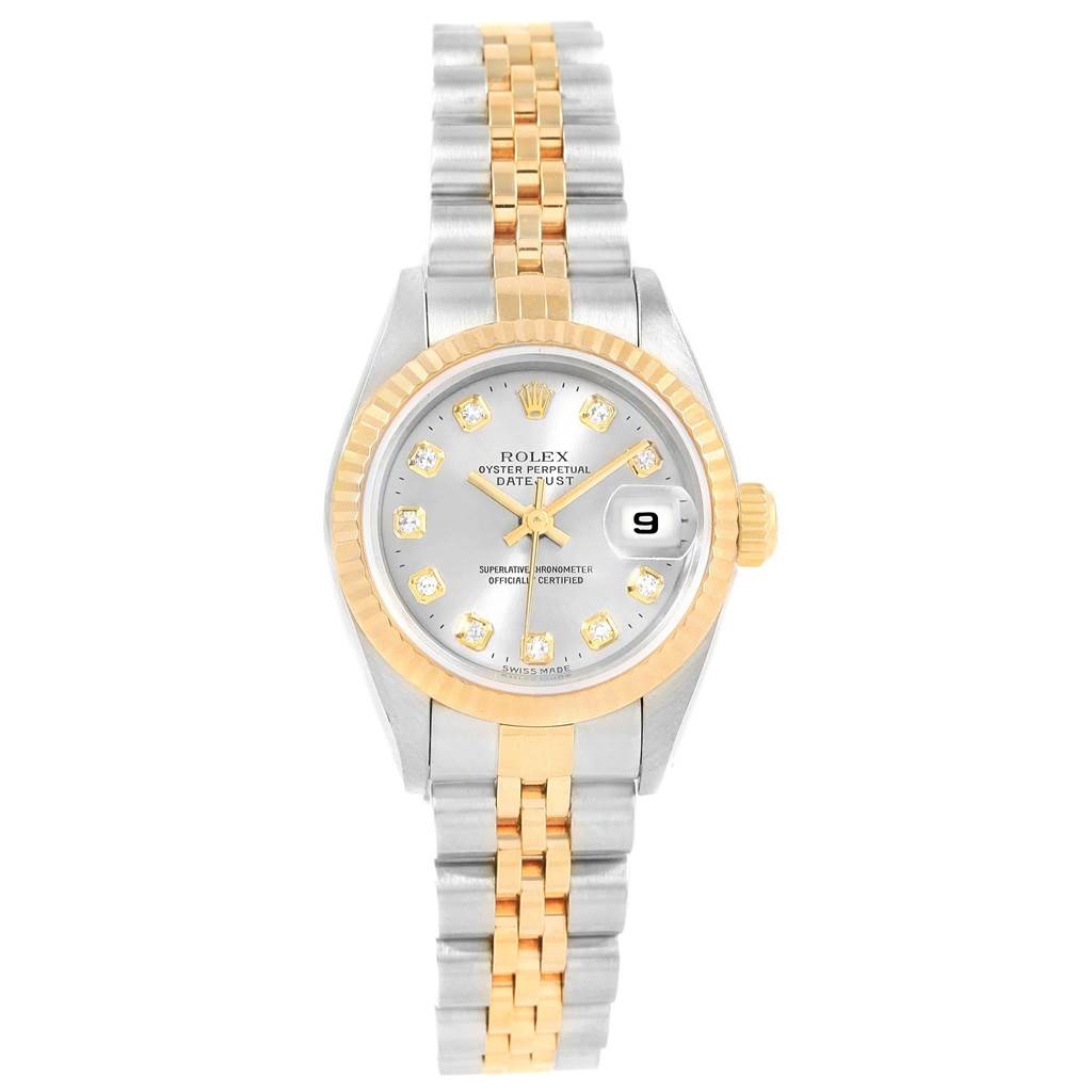 This image shows a frontal view of a Rolex Datejust 69173 Women's Stainless Steel Silver Dial 69173 Women's Stainless Steel Silver Dial watch, showcasing its dial, fluted bezel, two-tone bracelet, and date window.