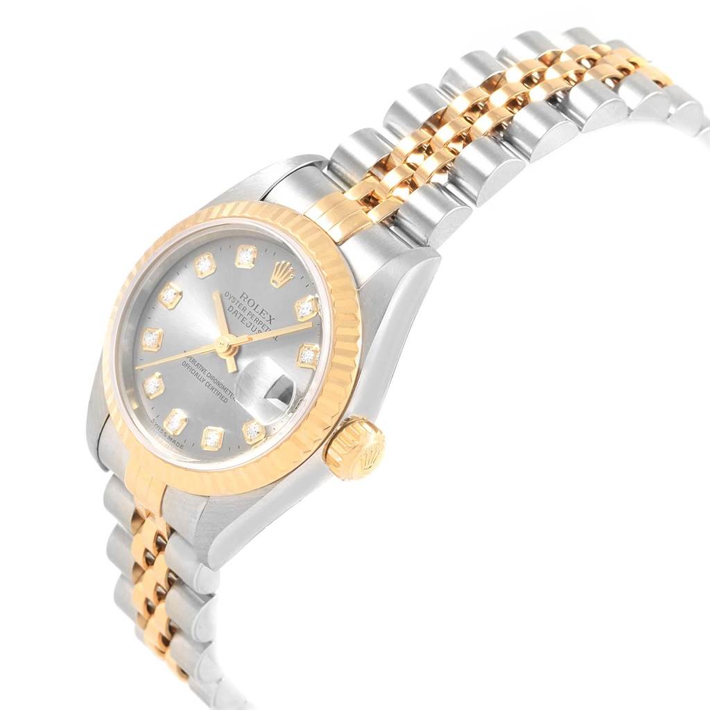 The image shows a Rolex Datejust 69173 Women's Stainless Steel Silver Dial 69173 Women's Stainless Steel Silver Dial watch at an angled view, highlighting the bezel, crown, dial, and two-tone bracelet.