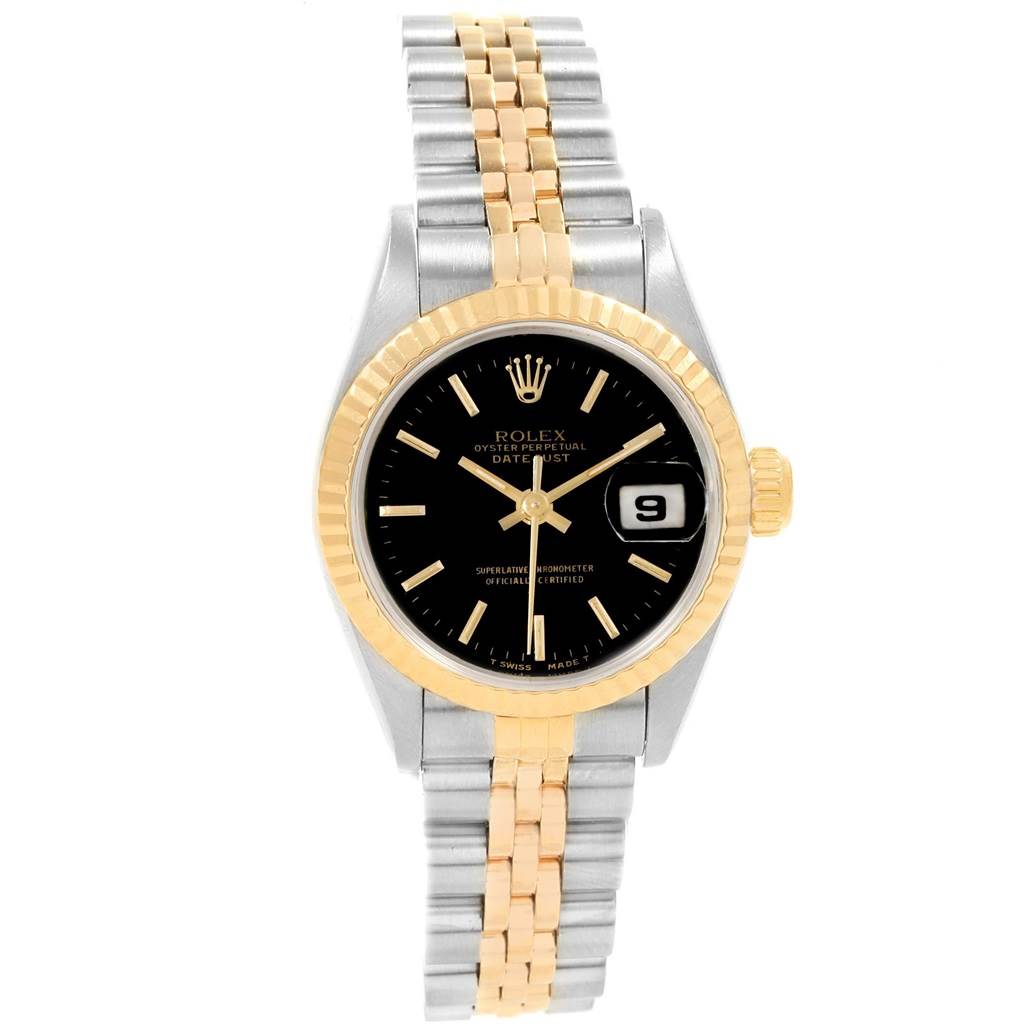 The Rolex Datejust 69173 Women's Stainless Steel Black Dial 69173 Women's Stainless Steel Black Dial watch is shown from a front angle, displaying its black dial, fluted bezel, and two-tone Jubilee bracelet.