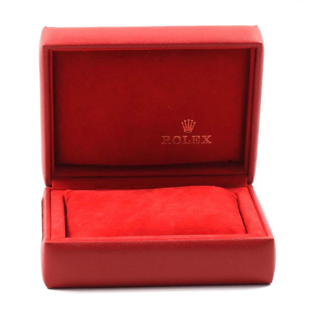 The image shows an empty red Rolex watch box from the front angle with the cushion inside, designed for the Datejust model.