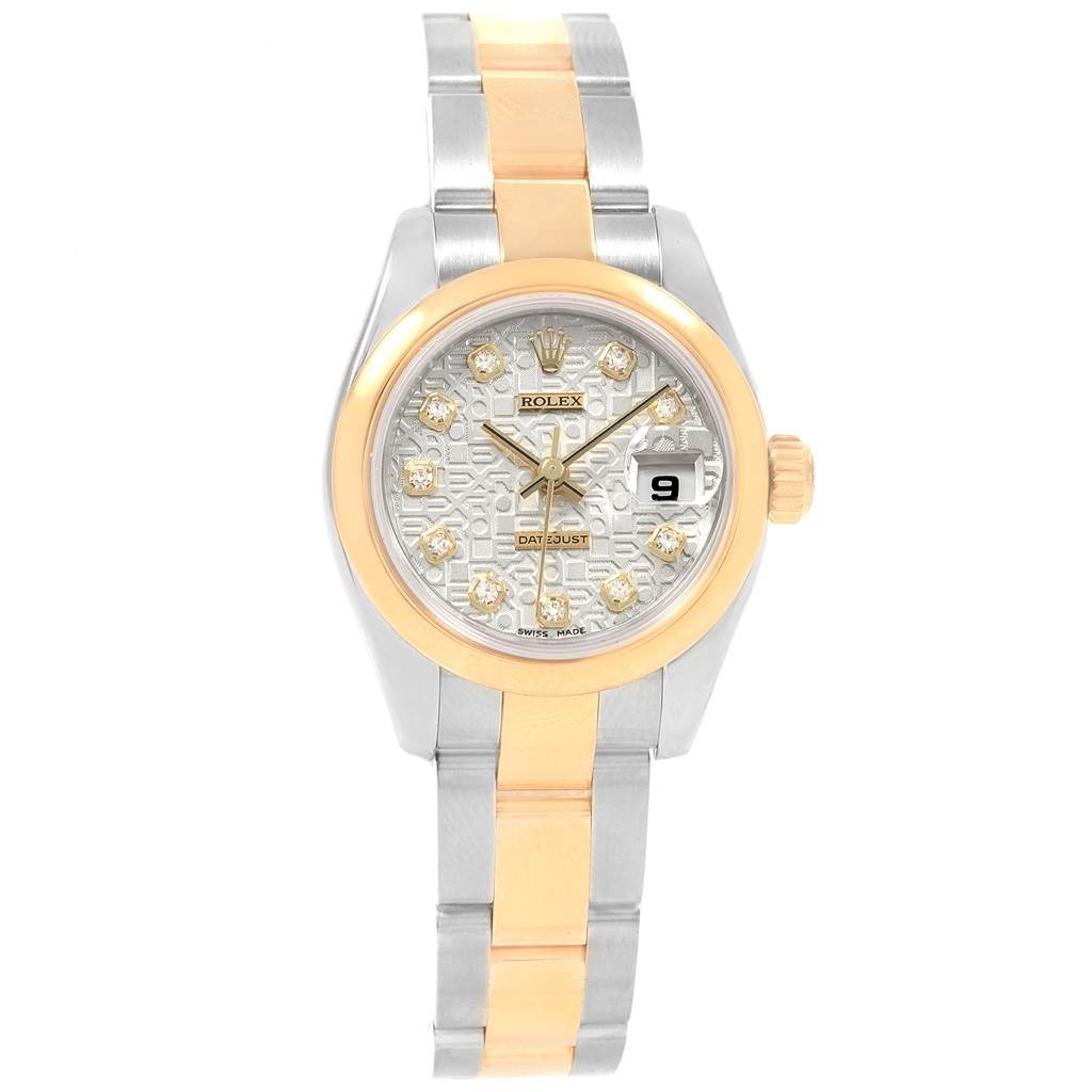 The Rolex Datejust 179163 Women
s Steel and Gold (two tone) Silver Dial 179163 Women
s Steel and Gold (two tone) Silver Dial watch is shown from a top-down angle, displaying the face, bezel, and two-tone metal bracelet.