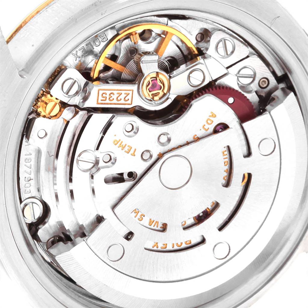 This image shows a close-up view of the movement mechanism inside a Rolex Datejust 179163 Women's Steel and Gold (two tone) Silver Dial 179163 Women's Steel and Gold (two tone) Silver Dial watch.