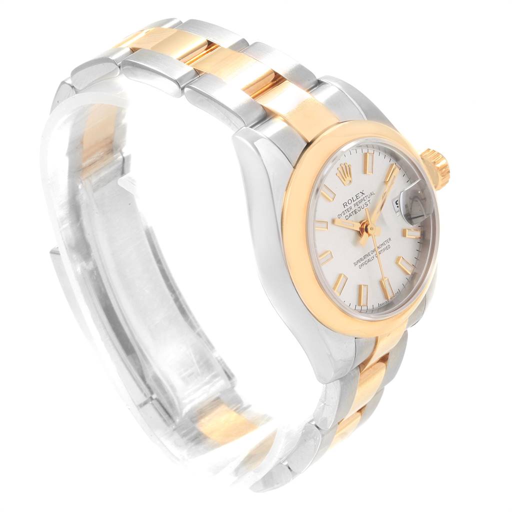 The image shows a side angle view of a Rolex Datejust 179163 Women's Steel and Gold (two tone) Silver Dial 179163 Women's Steel and Gold (two tone) Silver Dial watch, highlighting the bracelet, crown, and case.