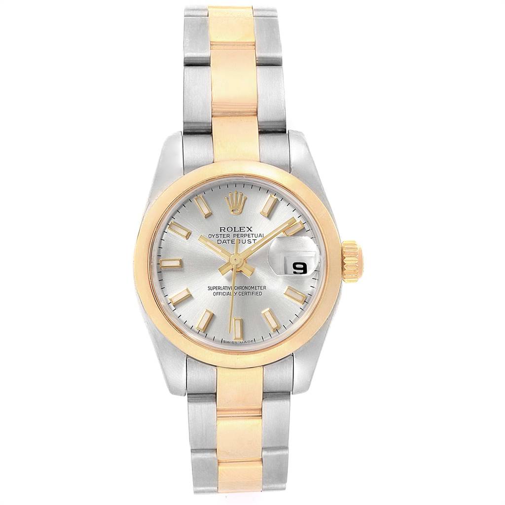 This Rolex Datejust 179163 Women's Steel and Gold (two tone) Silver Dial 179163 Women's Steel and Gold (two tone) Silver Dial watch is shown from a top-down angle, highlighting the dial, bezel, and bracelet.