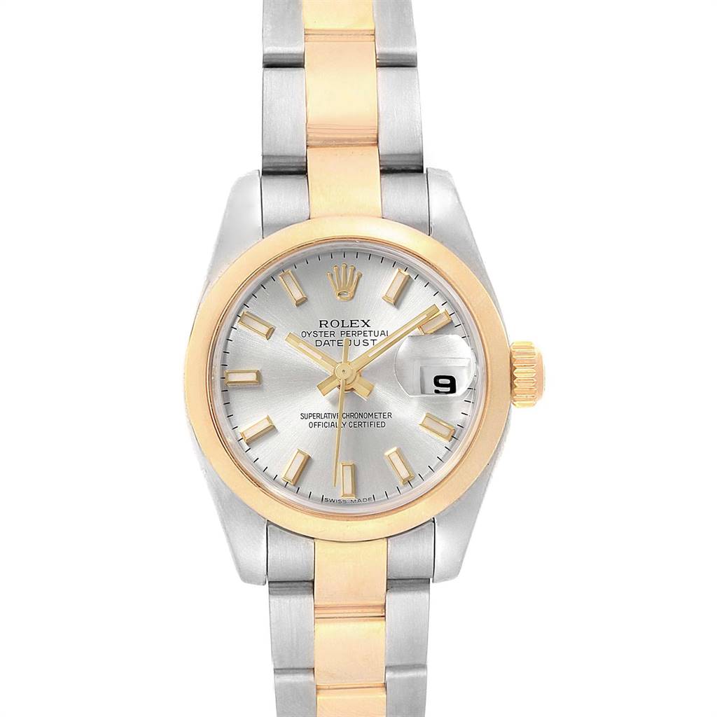 This is a head-on view of the Rolex Datejust 179163 Women's Steel and Gold (two tone) Silver Dial 179163 Women's Steel and Gold (two tone) Silver Dial, showcasing the dial, bezel, hands, crown, and part of the bracelet.