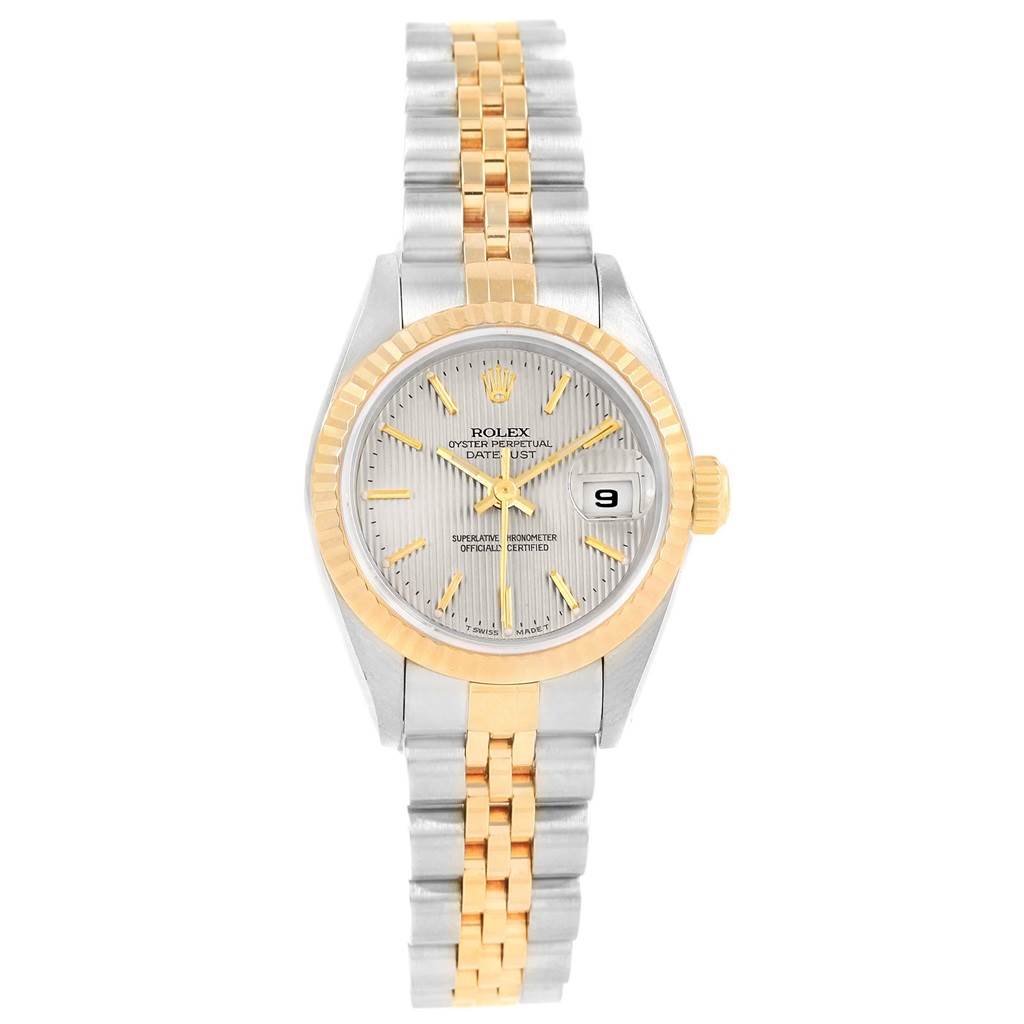 This is a front view of a Rolex Datejust 69173 Women's Stainless Steel Silver Dial 69173 Women's Stainless Steel Silver Dial watch, showing its dial, bezel, and two-tone bracelet.