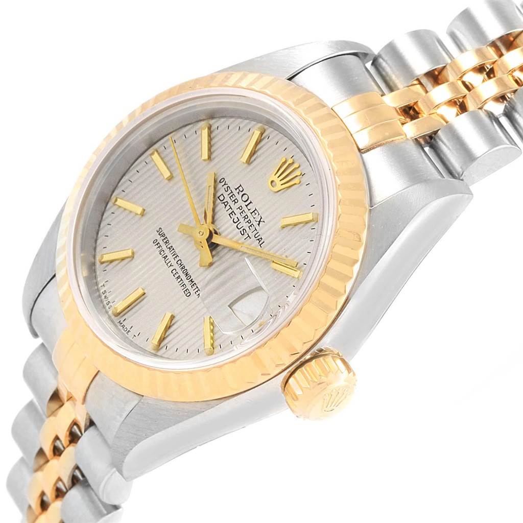 The image shows a close-up angle of a Rolex Datejust 69173 Women's Stainless Steel Silver Dial 69173 Women's Stainless Steel Silver Dial watch, highlighting its dial, crown, bezel, and bracelet.