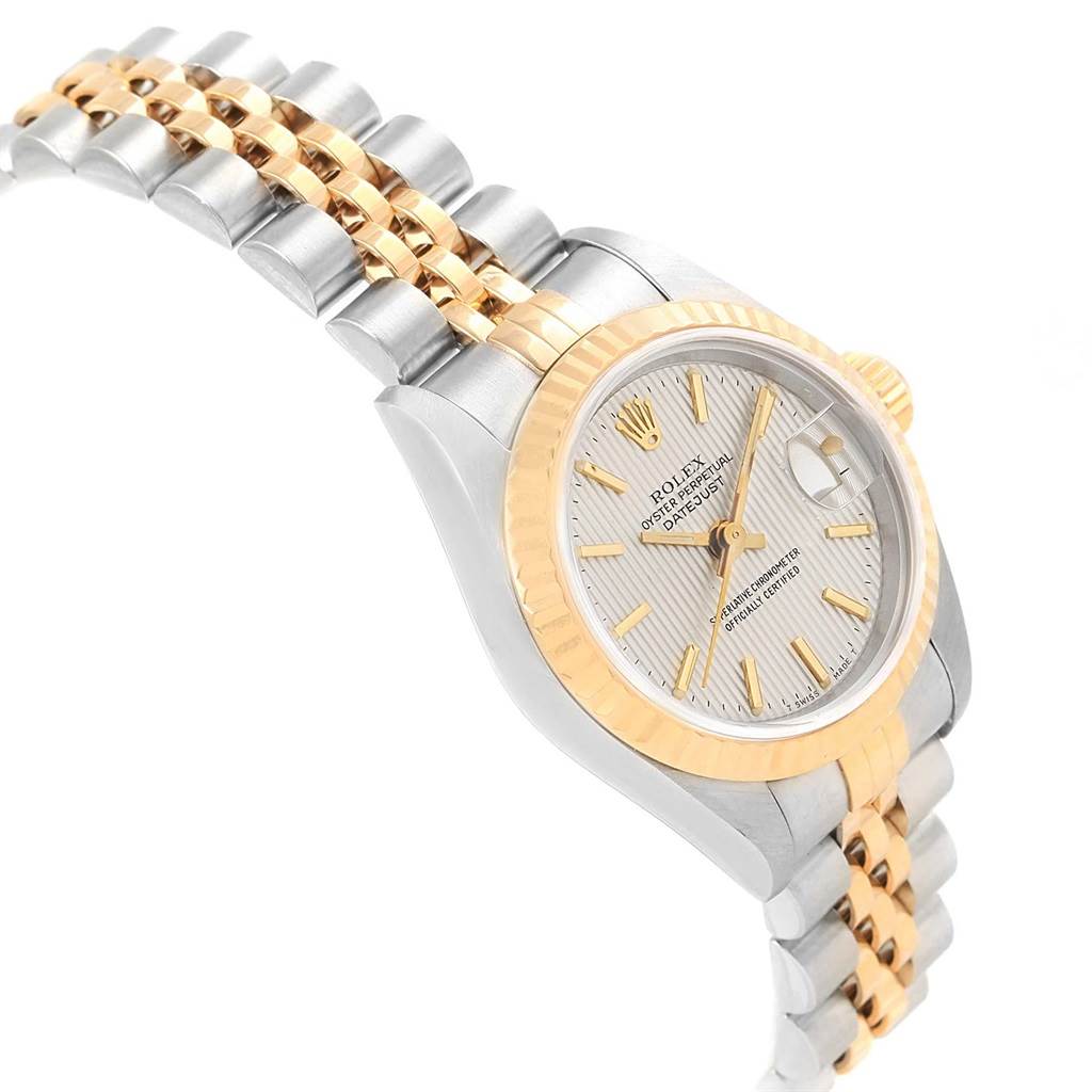 This image shows the Rolex Datejust 69173 Women's Stainless Steel Silver Dial 69173 Women's Stainless Steel Silver Dial watch at a slight angle, highlighting its band, bezel, and face with the date window.