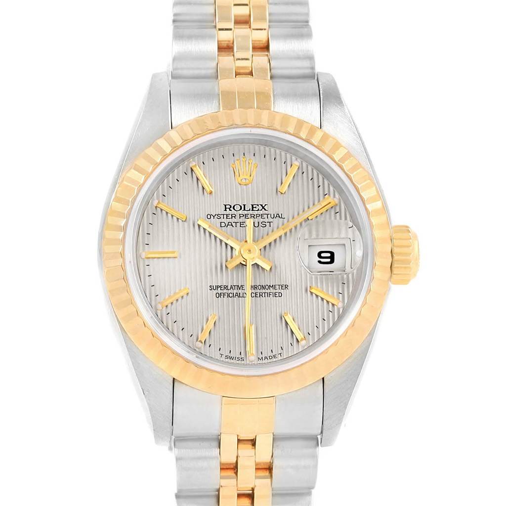 The image shows a front view of a Rolex Datejust 69173 Women's Stainless Steel Silver Dial 69173 Women's Stainless Steel Silver Dial watch, featuring its dial, bezel, and dual-tone bracelet.