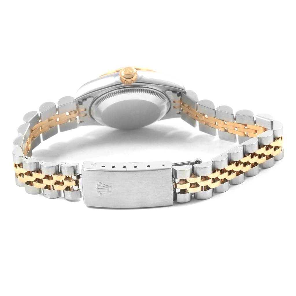 The image shows the back view of a Rolex Datejust 69173 Women's Stainless Steel Black Dial 69173 Women's Stainless Steel Black Dial watch, highlighting the case back and Jubilee bracelet with a clasp.