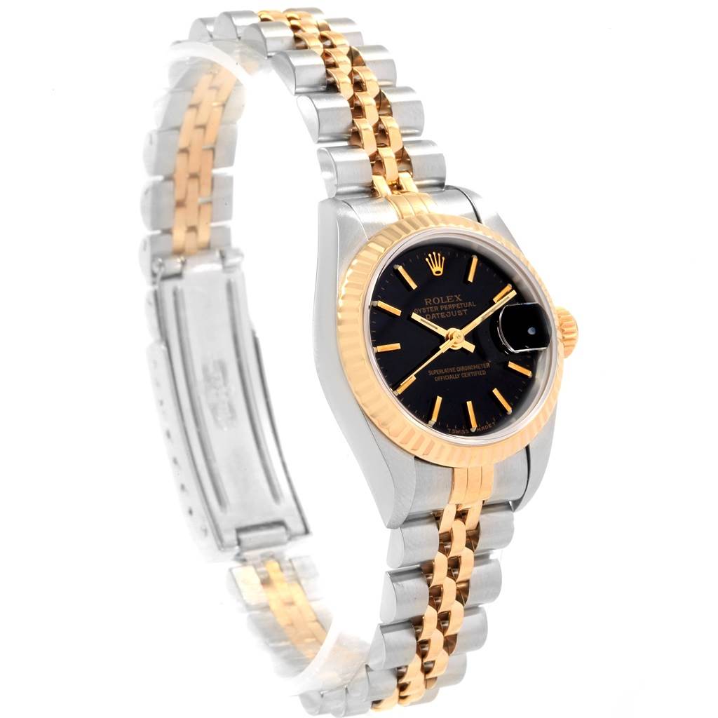 The image displays a Rolex Datejust 69173 Women's Stainless Steel Black Dial 69173 Women's Stainless Steel Black Dial watch at a slight angle, showcasing the face, bezel, bracelet, and clasp.