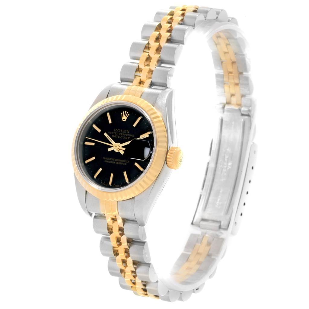 This Rolex Datejust 69173 Women's Stainless Steel Black Dial 69173 Women's Stainless Steel Black Dial model watch is shown at an angled side view, highlighting the dial, bezel, and two-tone bracelet.