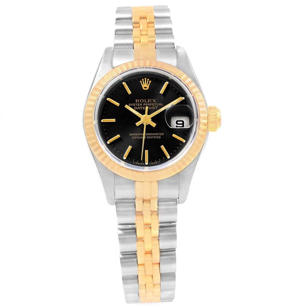 This image shows a Rolex Datejust 69173 Women's Stainless Steel Black Dial 69173 Women's Stainless Steel Black Dial watch from a front angle, detailing its two-tone bracelet, black dial, and date display.