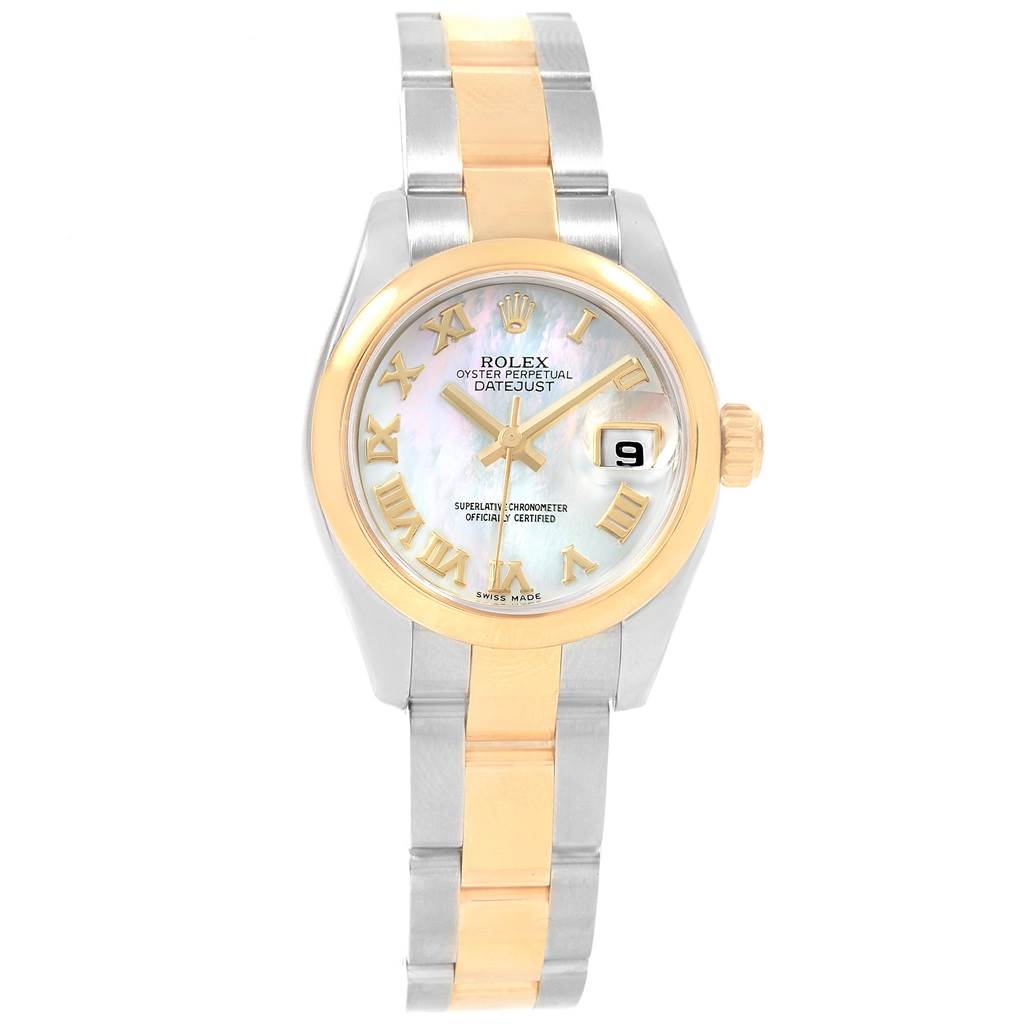 This is a front view of a Rolex Datejust 179163 Women's Steel and Gold (two tone) Mother of Pearl Dial 179163 Women's Steel and Gold (two tone) Mother of Pearl Dial watch, showing its dial, bezel, and two-tone bracelet.