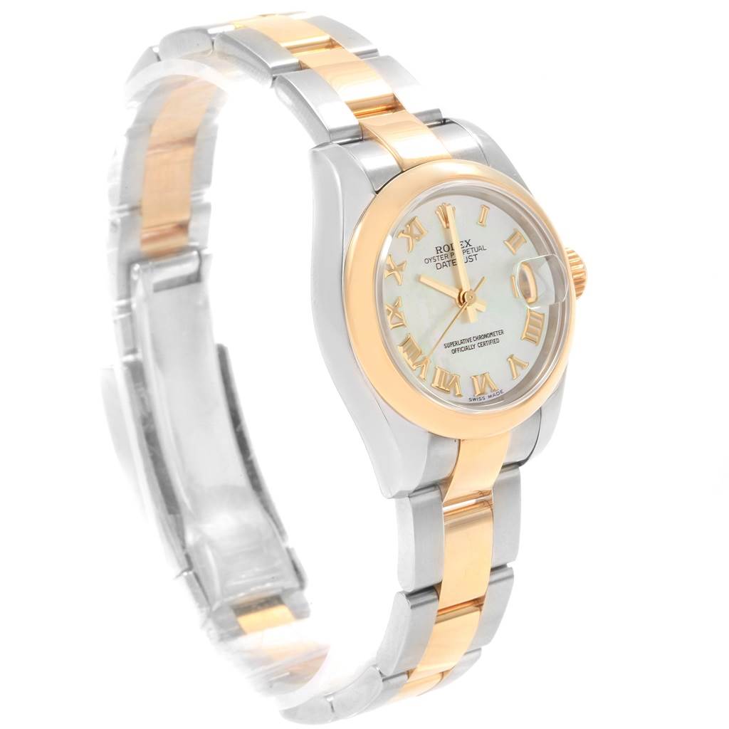 The image shows a side angle of a Rolex Datejust 179163 Women's Steel and Gold (two tone) Mother of Pearl Dial 179163 Women's Steel and Gold (two tone) Mother of Pearl Dial watch, featuring a silver and gold bracelet and a gold bezel with Roman numeral markers.