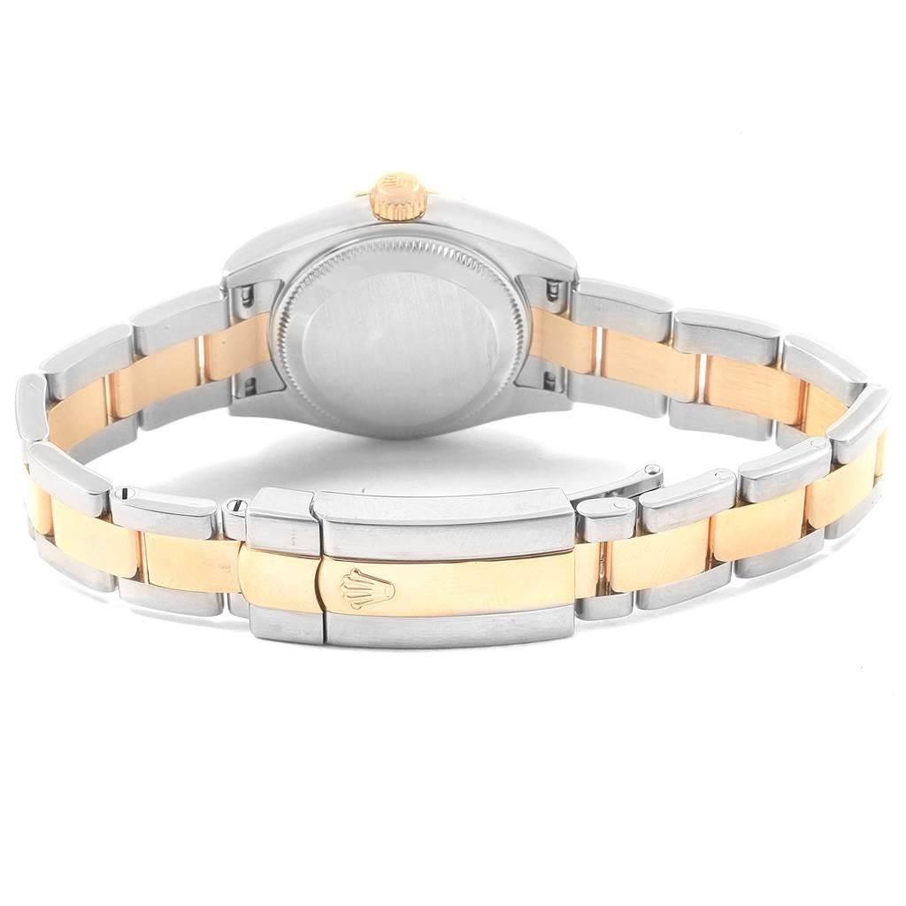 This image shows the back of a Rolex Datejust 179163 Women's Steel and Gold (two tone) Mother of Pearl Dial 179163 Women's Steel and Gold (two tone) Mother of Pearl Dial watch, focusing on the bracelet and clasp in a two-tone design.