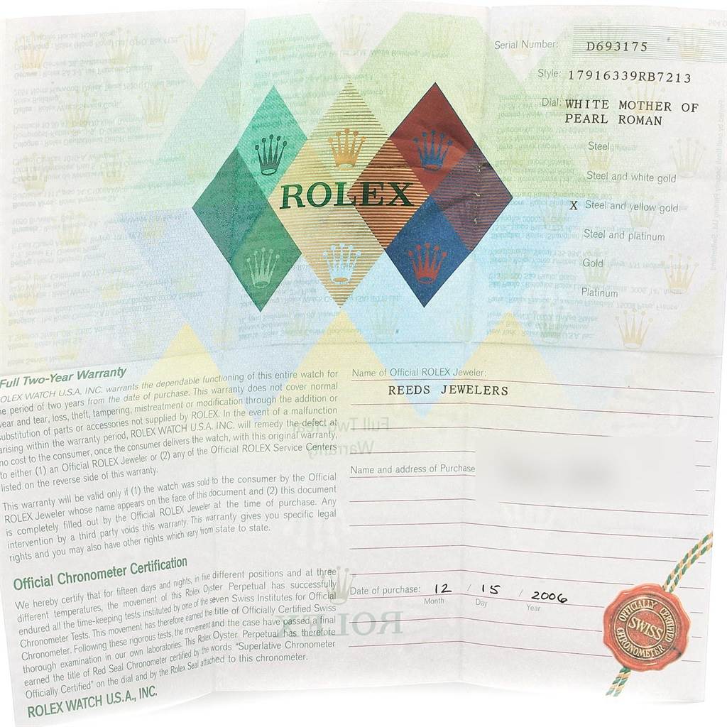 This image shows a warranty card and certificate for a Rolex Datejust 179163 Women's Steel and Gold (two tone) Mother of Pearl Dial 179163 Women's Steel and Gold (two tone) Mother of Pearl Dial model watch, including serial and reference numbers.