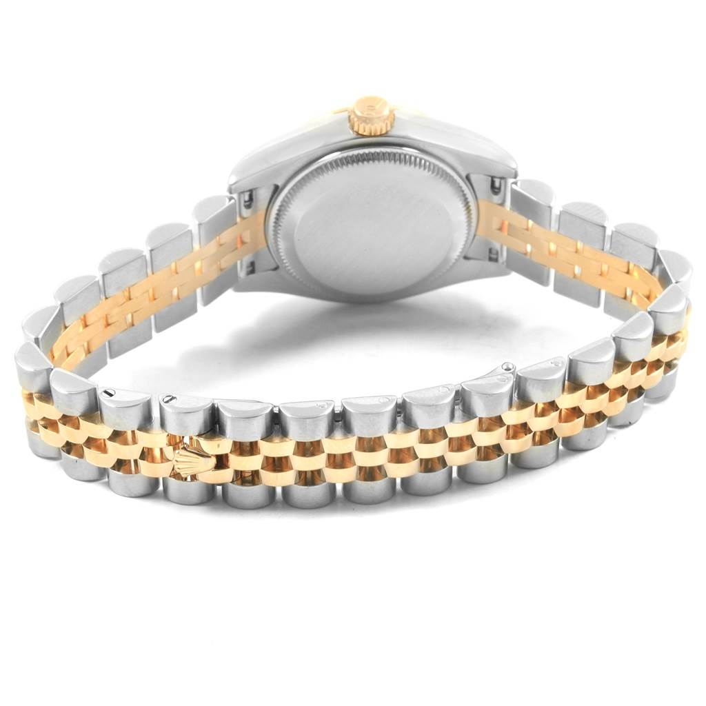 This image shows the back of a Rolex Datejust 179173 Women's Steel and Gold (two tone) Mother of Pearl Dial 179173 Women's Steel and Gold (two tone) Mother of Pearl Dial watch, highlighting its two-tone Jubilee bracelet and closed case back.