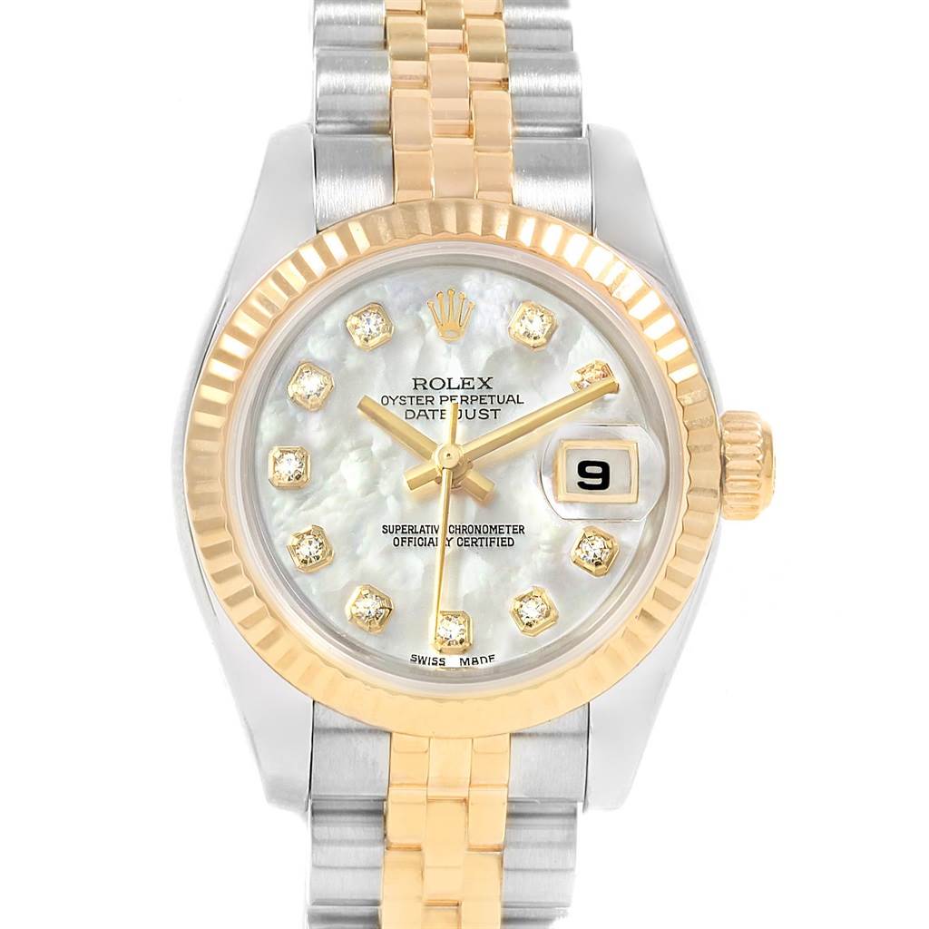The image shows a front view of the Rolex Datejust 179173 Women's Steel and Gold (two tone) Mother of Pearl Dial 179173 Women's Steel and Gold (two tone) Mother of Pearl Dial watch, featuring a gold and silver bracelet, diamond markers, and a date window.