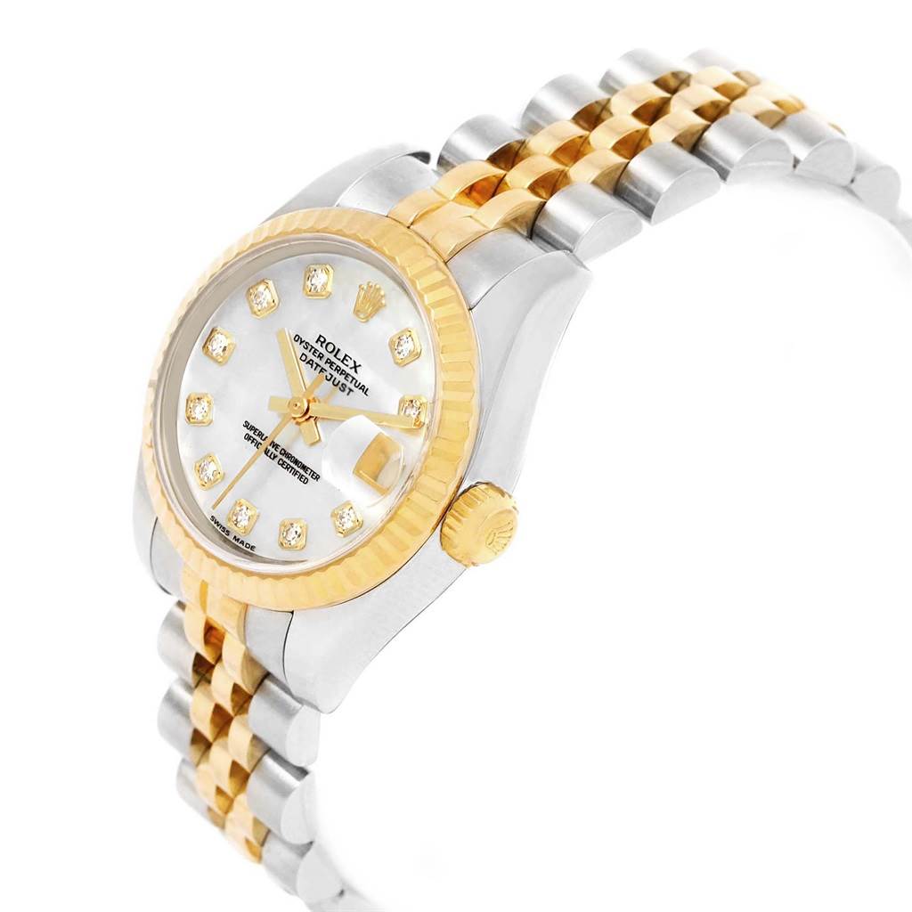 This image shows a close-up angle of a Rolex Datejust 179173 Women's Steel and Gold (two tone) Mother of Pearl Dial 179173 Women's Steel and Gold (two tone) Mother of Pearl Dial watch, highlighting its two-tone bracelet, crown, and diamond-set dial.