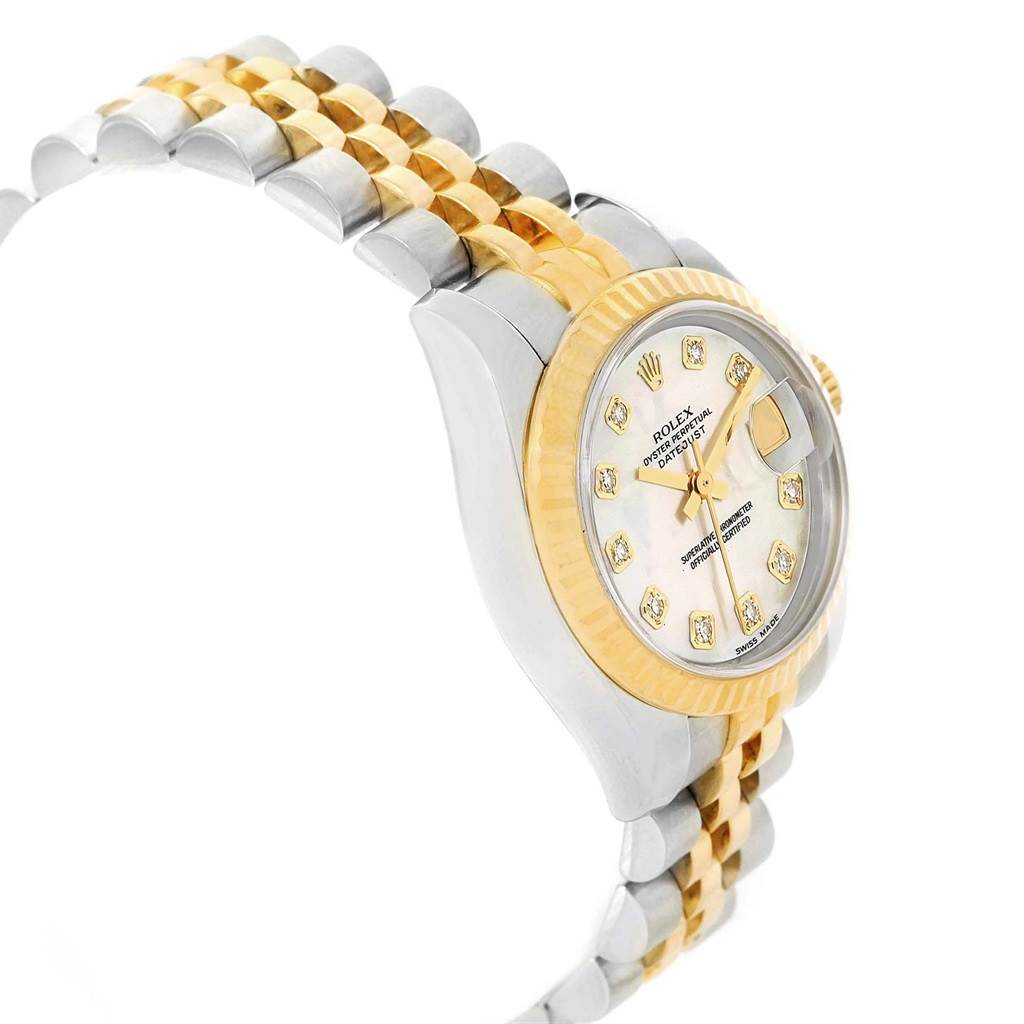 The image shows a side view of a Rolex Datejust 179173 Women's Steel and Gold (two tone) Mother of Pearl Dial 179173 Women's Steel and Gold (two tone) Mother of Pearl Dial watch, highlighting the dial, bezel, and two-tone bracelet.